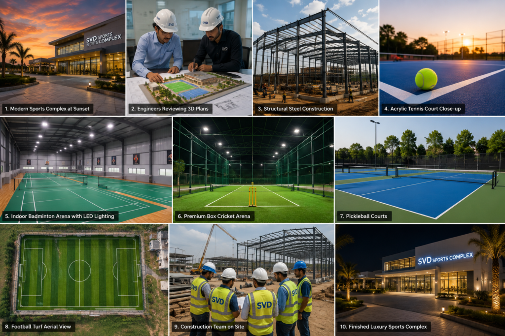 Modern sports infrastructure construction project at sunset